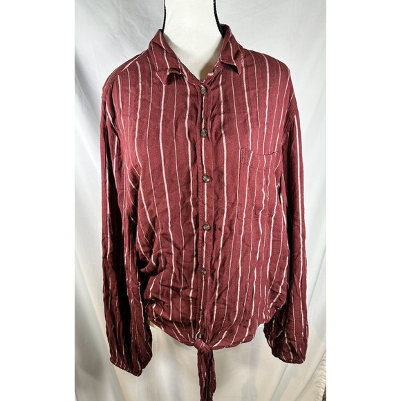 American Eagle Women's Maroon Striped Viscose Tie Front Top Size Large - Picture 1 of 4